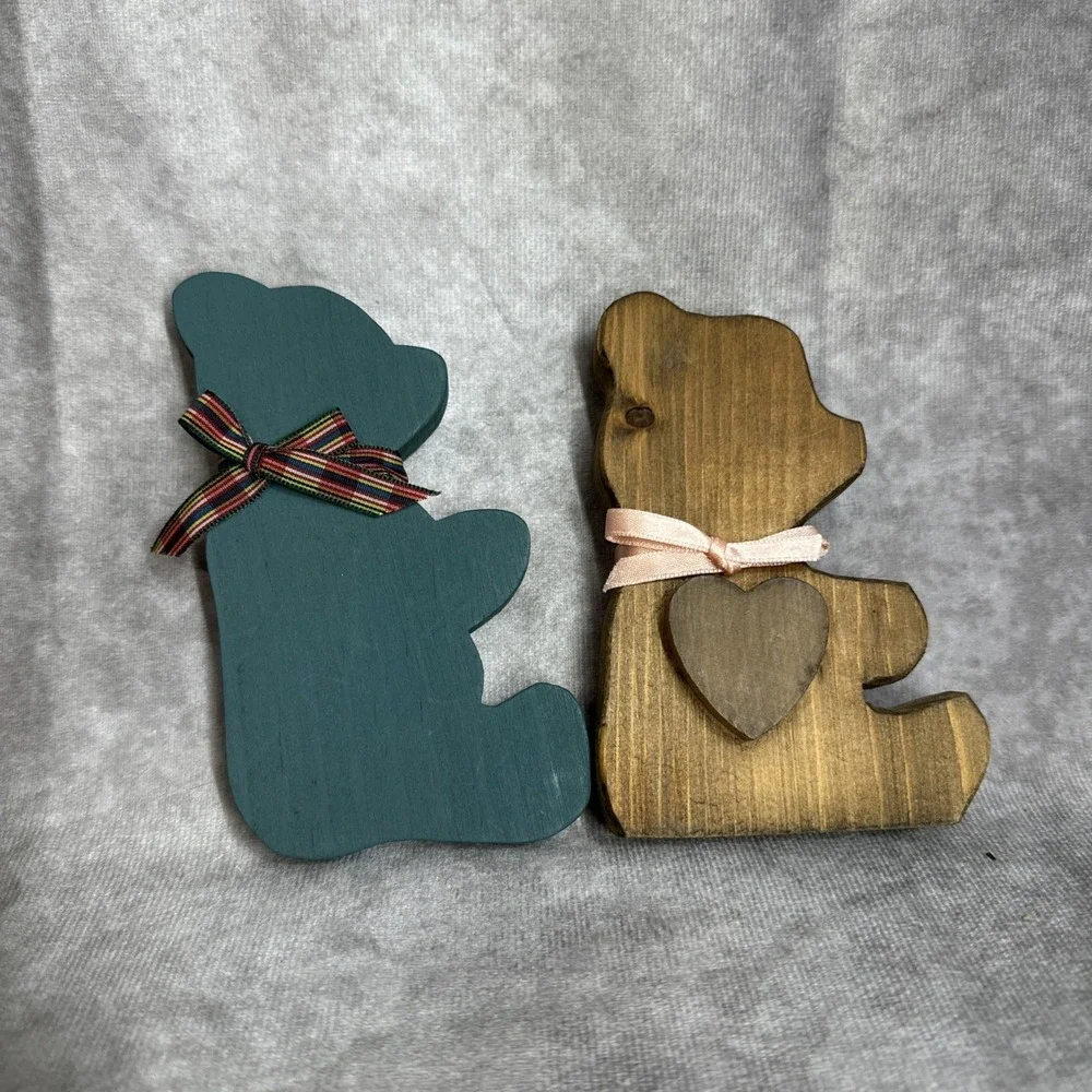 Cottagecore Decor Wooden Teddy Bear‎ Shelf Sitters Ribbon Heart